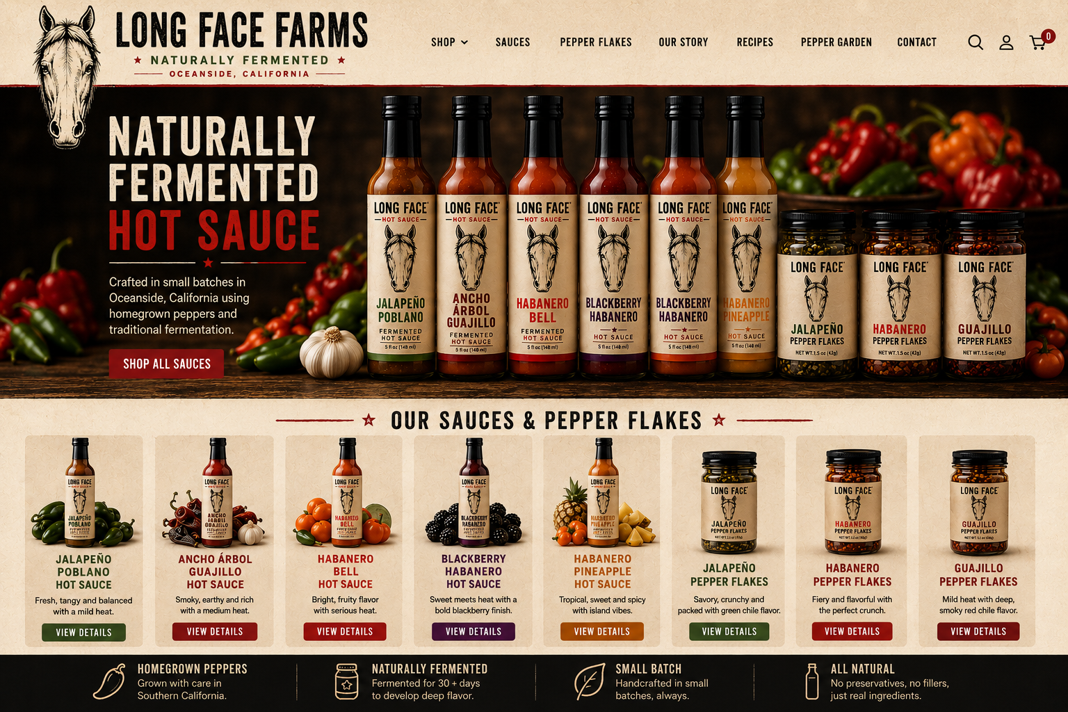 Long Face Farms hot sauce and pepper flakes homepage hero